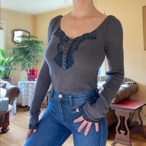 Free People Grey Long Sleeve Ribbed with Teal Lace